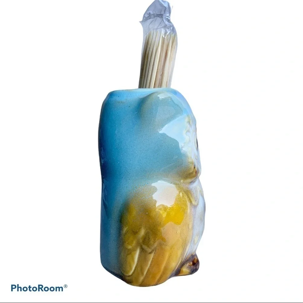 Kitchen Toothpick Holder Glazed Ceramic Owl Decor Blue White NEW